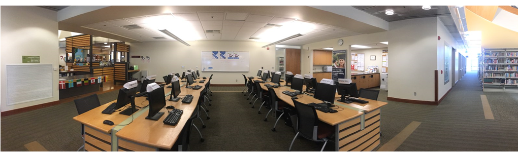 A panoramic view of the Tulare Public Library Computer Lab.