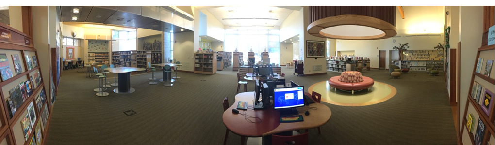 A panoramic view of the Tulare Public Library Youth Area.